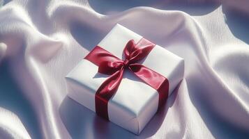 A white gift box with a red ribbon on a satin cloth photo