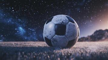 A soccer ball on the grass in front of a starry sky photo