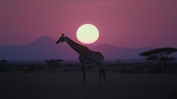 A giraffe standing in the middle of a field at sunset photo