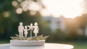 Paper cutout of family with plant on table photo