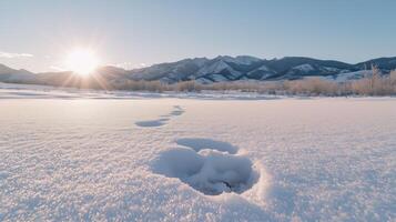 A snow covered field with a trail of footprints photo