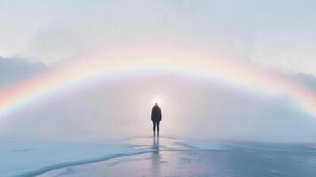 A person standing in front of a rainbow photo
