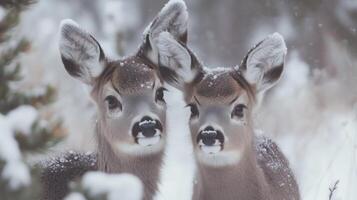 Two deer are standing in the snow photo