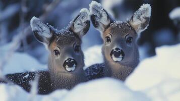 Two deer are standing in the snow photo