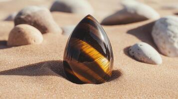 Polished teardrop tiger's eye gemstone on sand photo