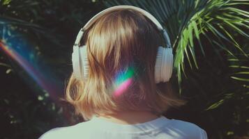 A woman wearing headphones in front of a palm tree photo