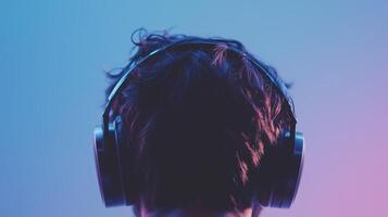 A person wearing headphones on a colorful background photo