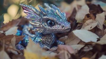 A small dragon toy sitting in leaves photo