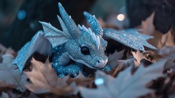 A blue dragon is sitting in the leaves photo