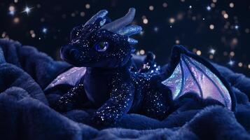A stuffed dragon with purple wings and glowing eyes photo