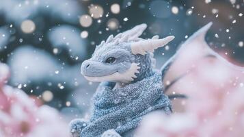 A stuffed dragon in the snow photo