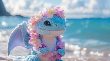 Stuffed dragon wrapped in a floral lei vibrant Hawaiian beach setting photo