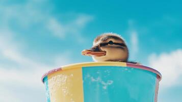 A duck sitting in a colorful cup with a blue sky in the background photo