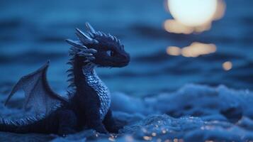 A small black dragon sitting on the beach photo