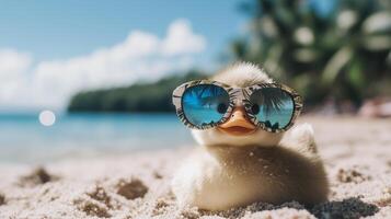 A duck wearing sunglasses on the beach photo
