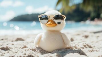A duck wearing sunglasses on the beach. photo
