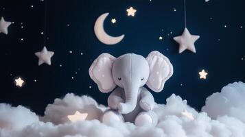 An elephant is sitting on clouds with stars and moon photo