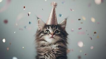 A cat wearing a party hat and confetti photo