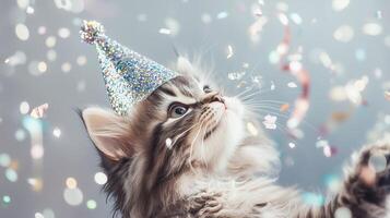 A cat wearing a party hat is looking up photo