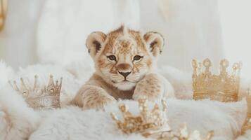 A baby lion cub with gold crowns on top of a white blanket photo