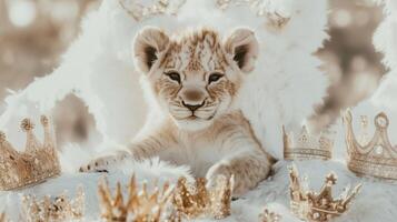 A lion cub with crowns on top of it photo