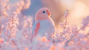 A pink and white bird sitting on top of a tree photo