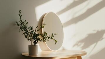 Sunlit Oval Mirror on Wooden Console, Indoor Plants photo