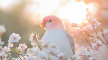 A white and pink bird is sitting on a branch of flowers photo