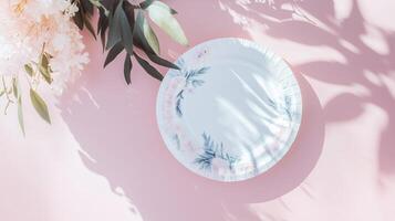 A white plate on a pink background with flowers photo
