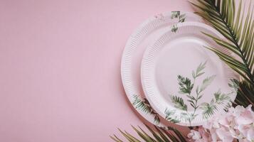 A white plate with a green floral design on it photo
