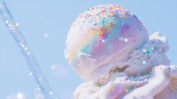 A rainbow ice cream cone with sprinkles on top photo