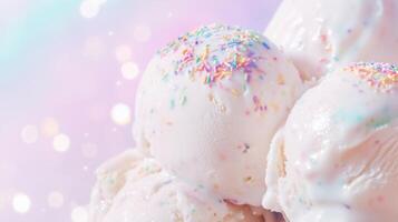 Three scoops of ice cream with sprinkles on a colorful background photo