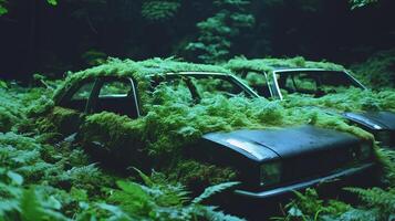 Two cars are covered in moss and vegetation photo