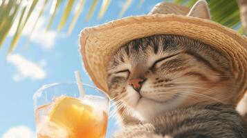 A cat wearing a straw hat and drinking from a glass photo