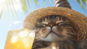 A cat wearing a straw hat and drinking from a glass. photo