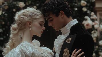 A young man and woman dressed in white are embracing photo