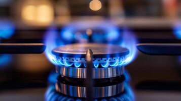 A gas stove with blue flames photo