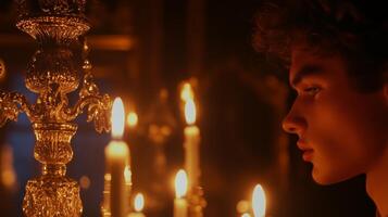 A young man is looking at a candle in a dark room photo