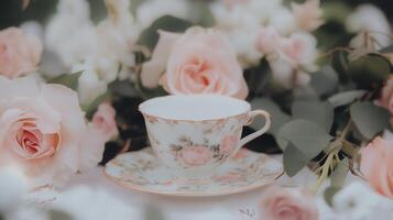 Pink roses and a tea cup photo