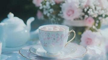 A cup of tea sits on a saucer with a pink rose in the background photo