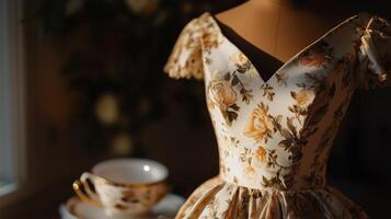 A dress on a mannequin with a cup of tea photo