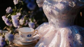 A dress and cup on a table with purple flowers photo