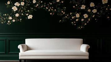 A white couch in front of a green wall with flowers photo