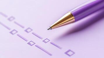 Checklist with purple pen on violet backdrop. photo