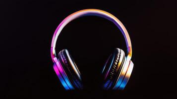 Headphones with rainbow lights on a black background photo