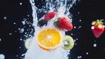 Fresh fruits splashing in water photo