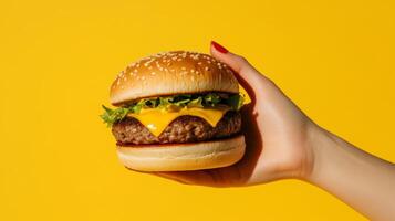 Hand holds appetizing cheeseburger on yellow background. photo
