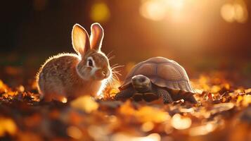 Rabbit and tortoise walking together down a leaf-covered path photo