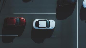 An overhead view of cars parked in a parking lot photo