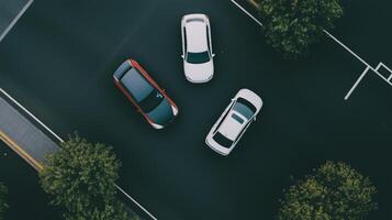 Three cars are seen from above on a road photo